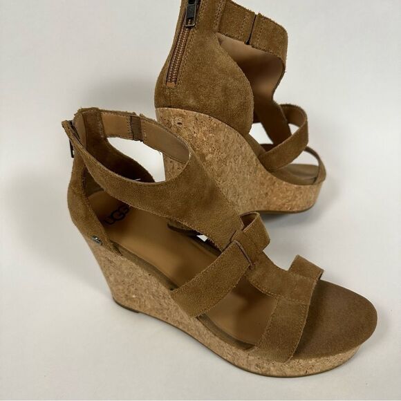 UGG Women’s Whitney Cork Wedge Platform Sandals in Chestnut Suede Size 9.5 - Picture 1 of 15